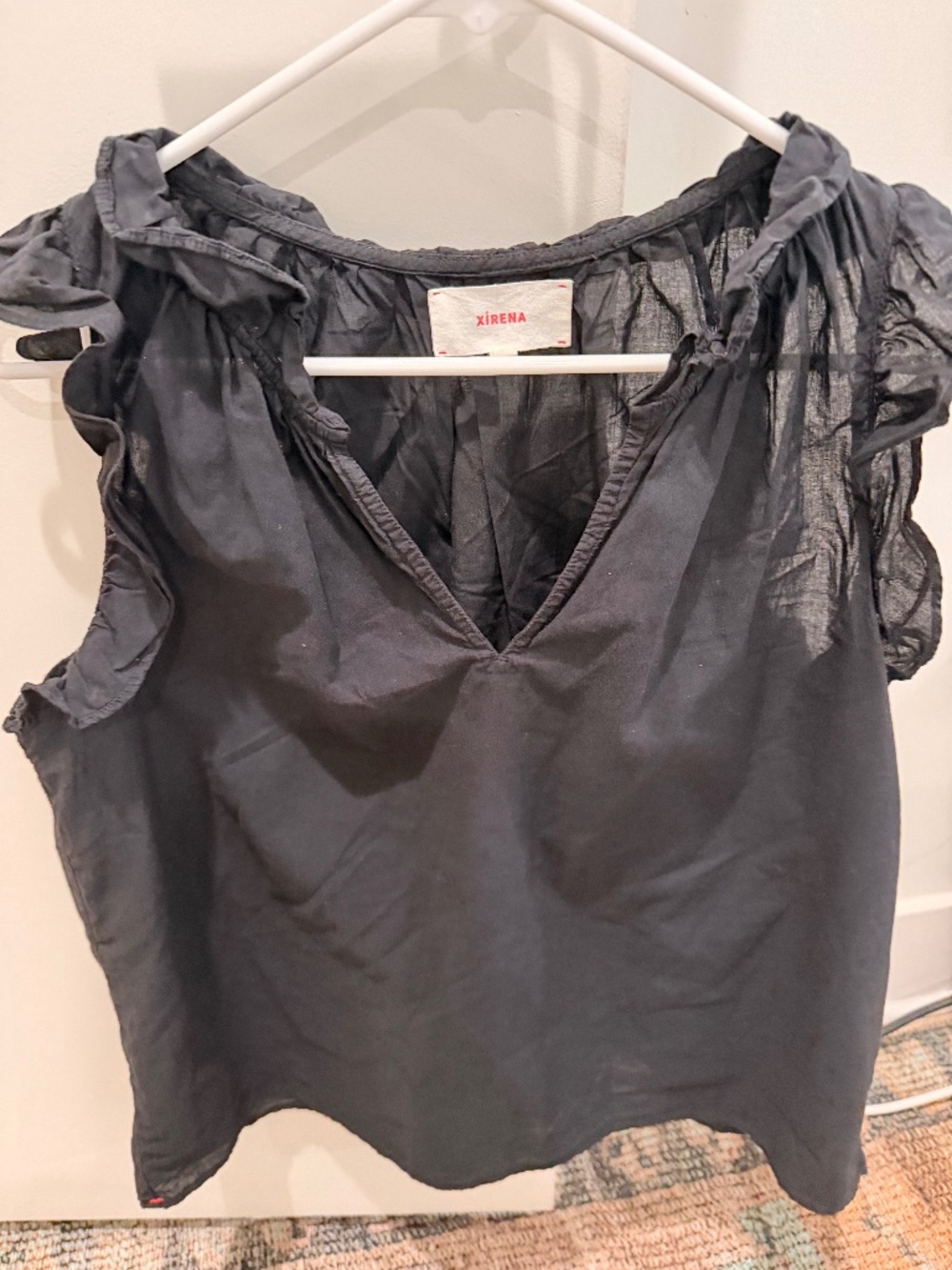 XIRENA Bex Ruffled V-Neck Cotton Poplin Top - Charcoal Gray